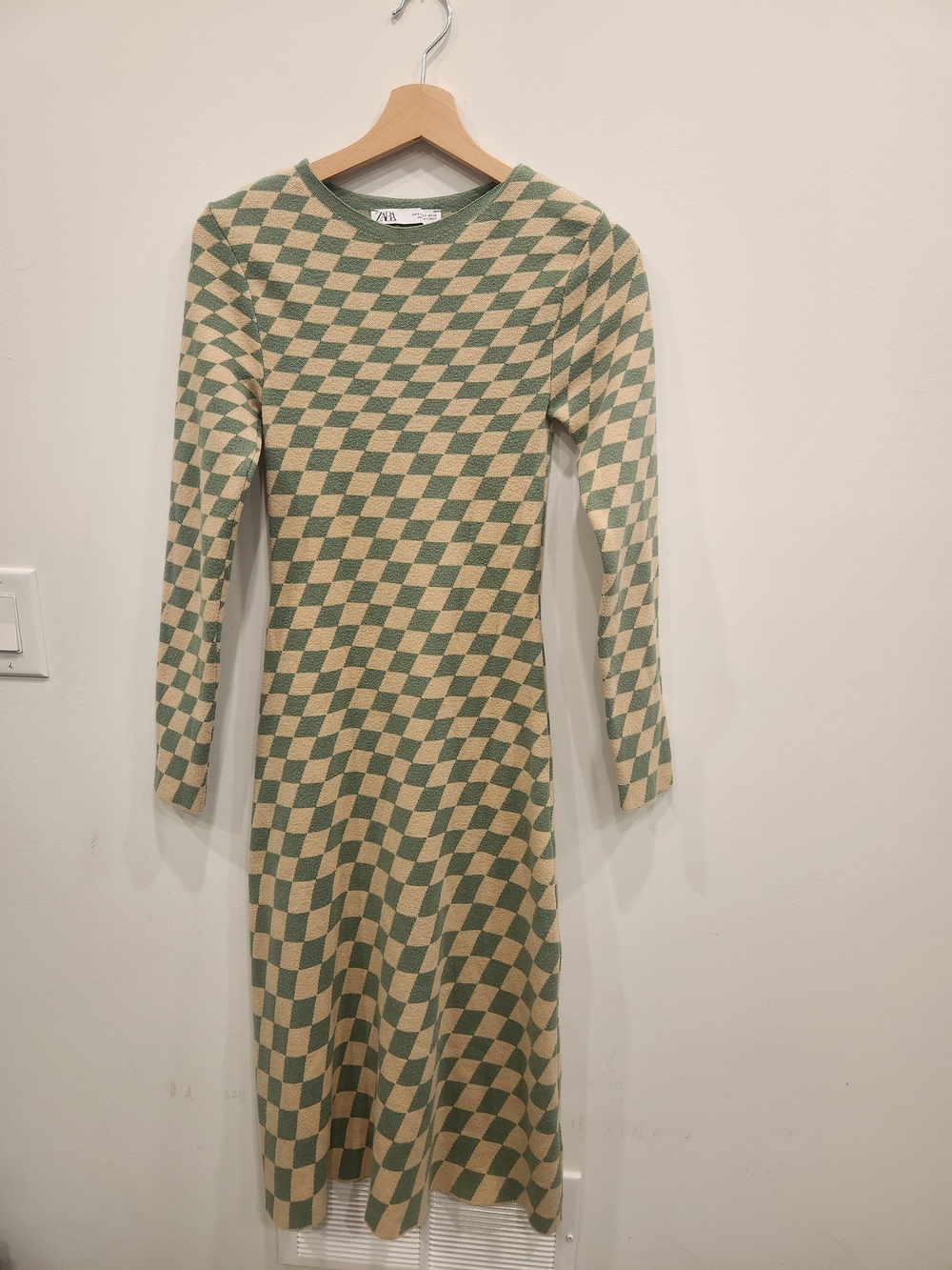 Zara Green and Cream Checkered Knit Dress